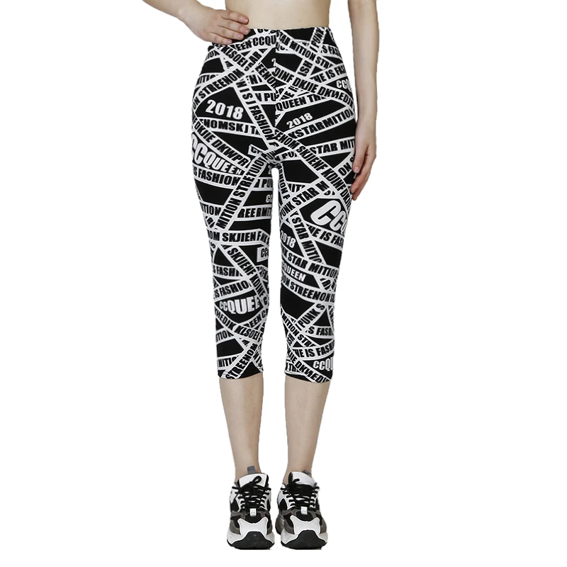 QR51 Women\'s Cropped Pants, Sports and Fitness, WOMEN\'S Clothing, Summer Leggings, Black and White Letter Printed Tight Pants