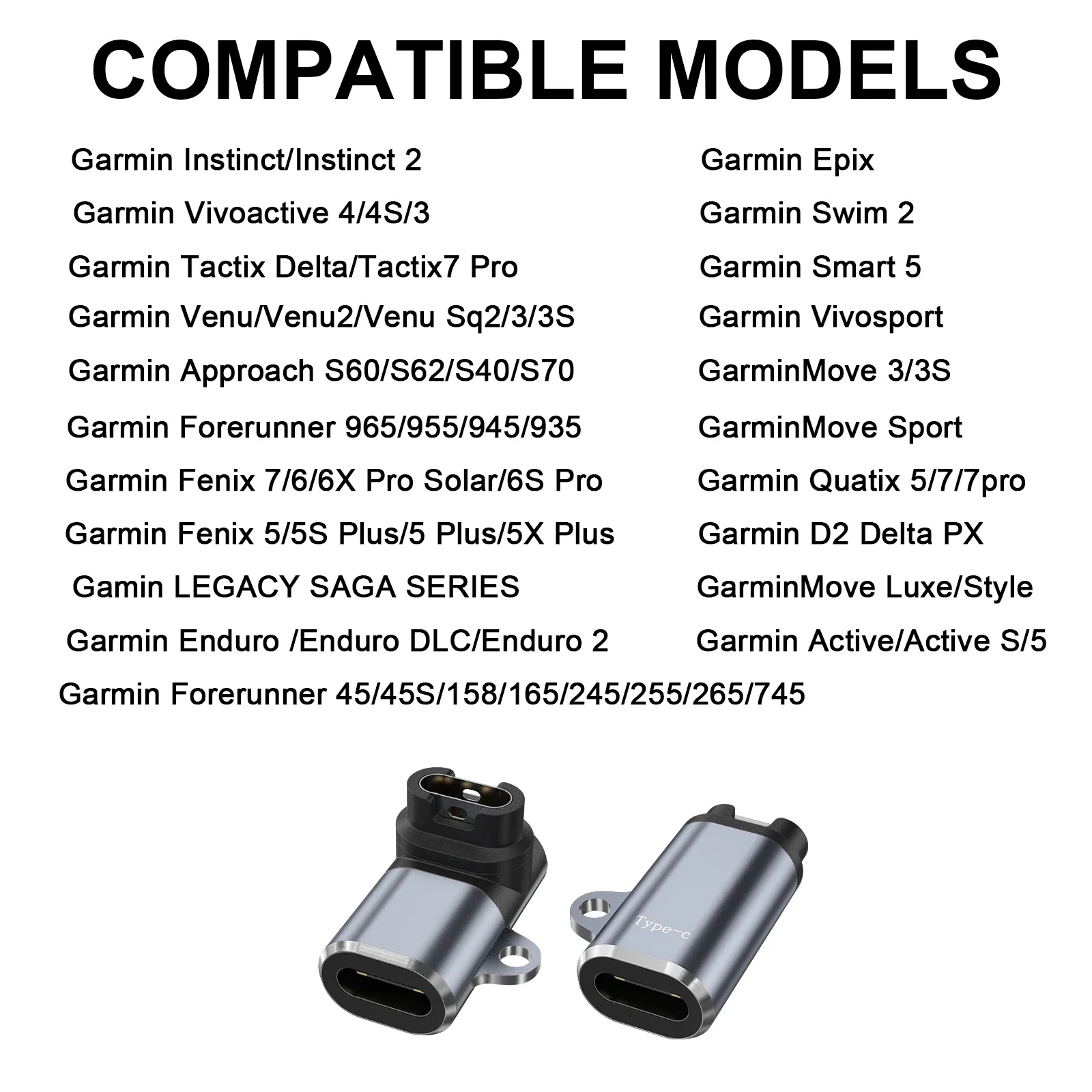 Adaptador de carregador tipo C para Garmin Fenix 7 6 6X 5S 5X Plus/Instinct 2/Venu 2/Vivoactive 4 3/Forerunner 965 955 945 935 Conversor