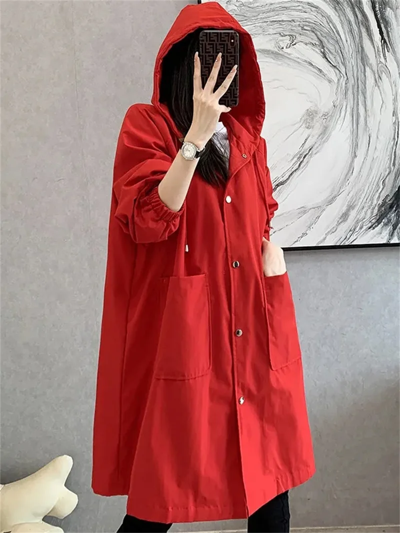 Trench coat longo feminino cor sólida elegante blusão solto confortável com capuz temperamento senhoras capa de chuva