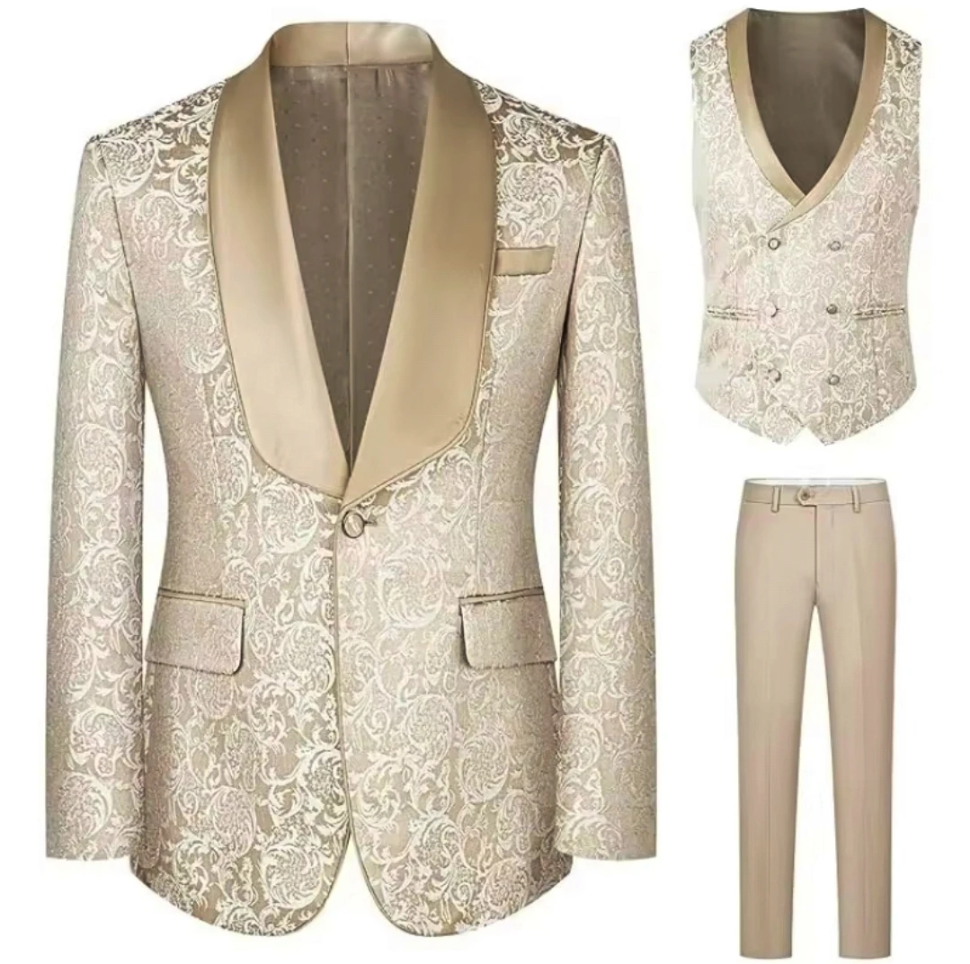 Champagne Jacquard Wedding Men Suits One Button Shaw Lapel Blazer Elegant Business Prom Party 3 PCS Jacket Vest Pants Suits Set