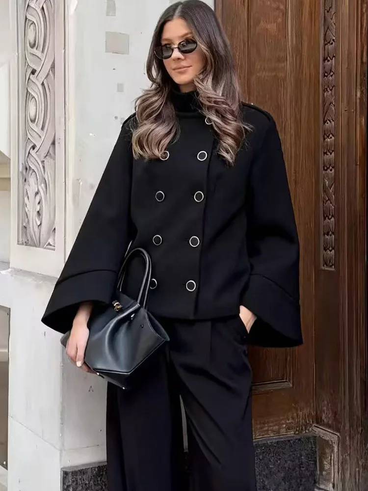 

HH женское осеннее свободное двубортное пальто с длинными рукавами и воротником-стойкой, женское повседневное однотонное пальто с рукавами «летучая мышь»