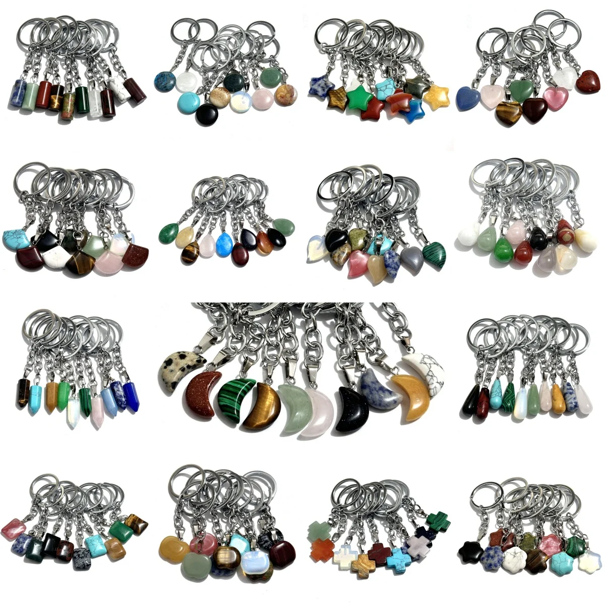 10pcs Heart Cross Water Drop Moon Shape Stone Keychain Women Men Colorful Crystal Charms Handbag Hangle Key Ring Holder Jewelry