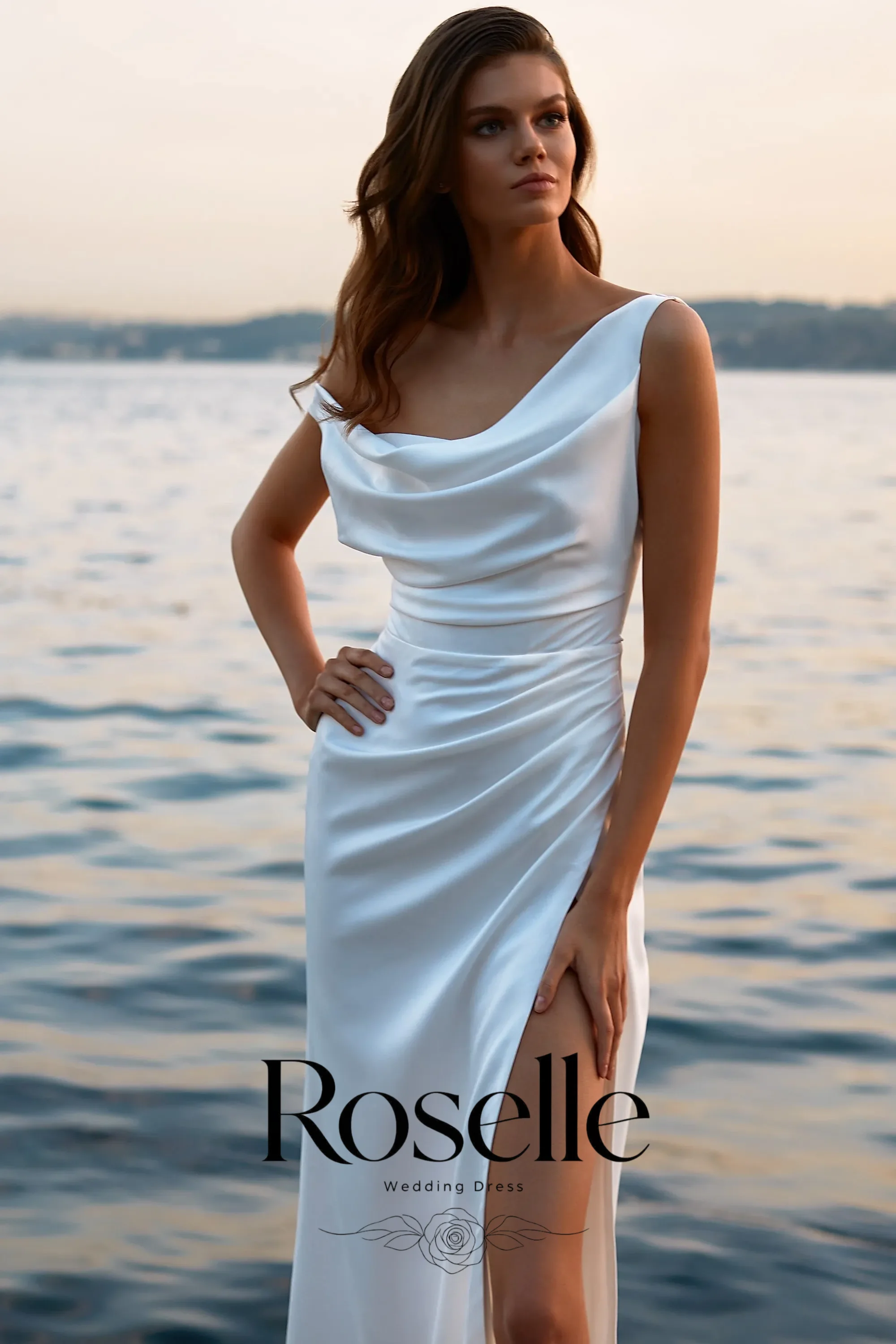 ROSELLE Asymmetric Cowl Neck Sheath Simple Wedding Dress High Side Slit Elegant 2026 Bridal Gown Customized свадебное платье