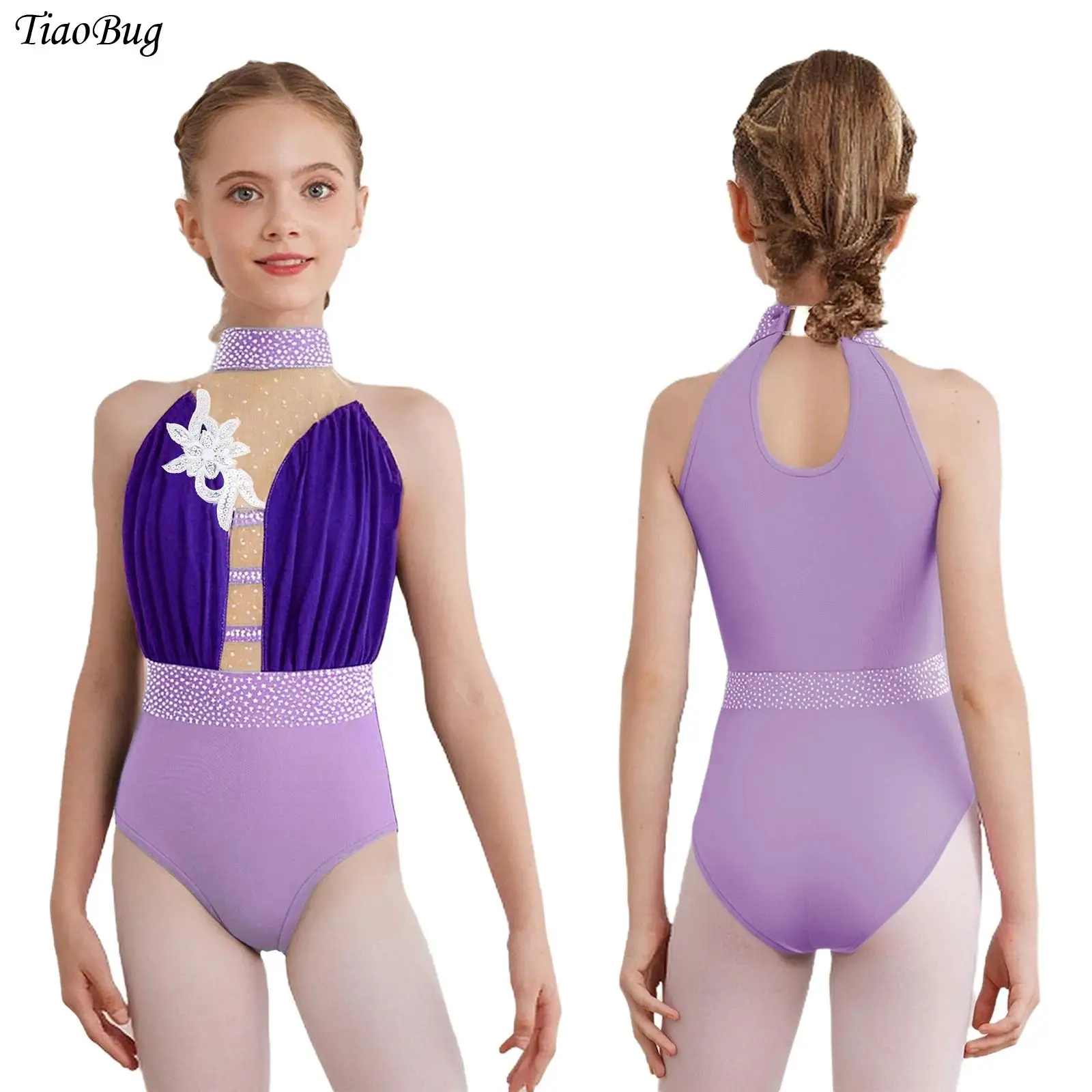 

Kids Girls Figure Skating Gymnastics Dance Leotard Sleeveless Sheer Mesh Applique Rhinestones Ballet Jersey Bodysuit Dancewear