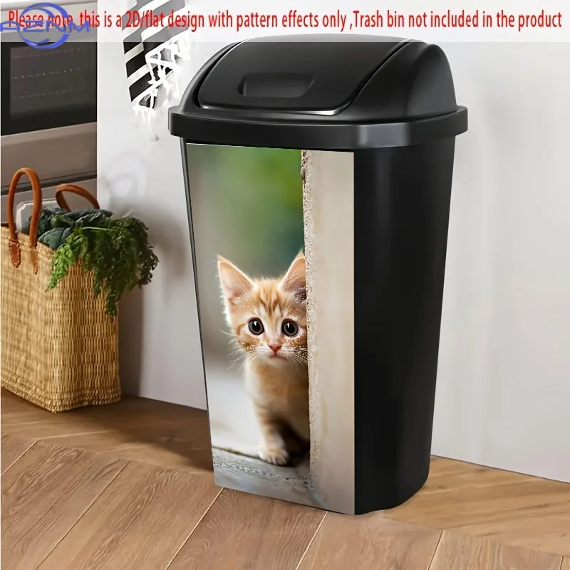 1pc Adorable Kitten Hiding Pattern Trash Can Sticker, , Waterproof PVC Material, Creative Wall Art for Trash Cans, Kitchen Dec