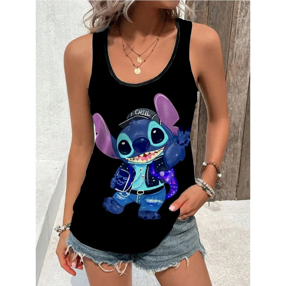 New Disney Stitch Print Tank Top Summer Casual Strap Sleeveless U-neck Slim Fit T-shirt Girls Top T-shirts Women street style