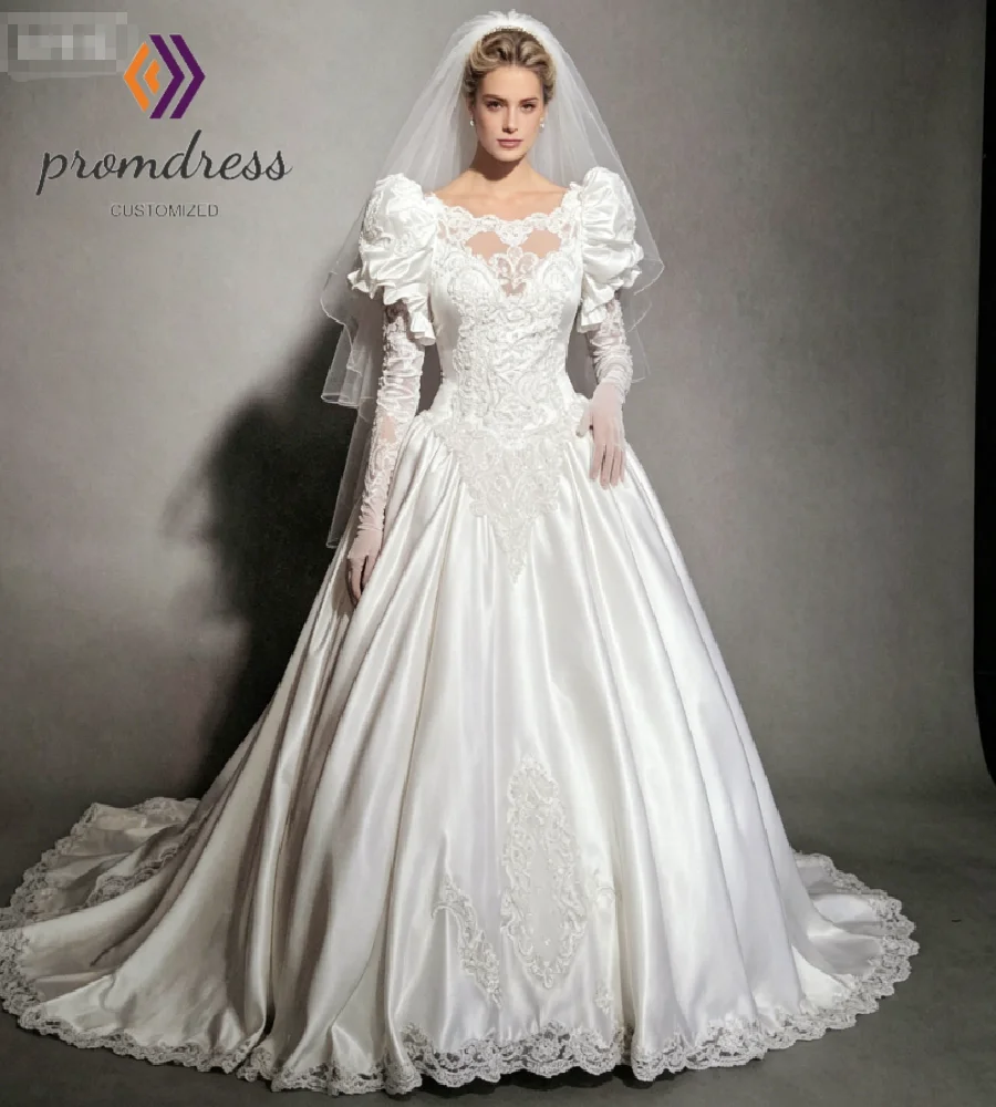 Vintage 90s Satin Princess Wedding Dress 2026 Puff Sleeve Lace Illusion Neck Lace Bridal Gowns Elegant Victorian Drop Waist