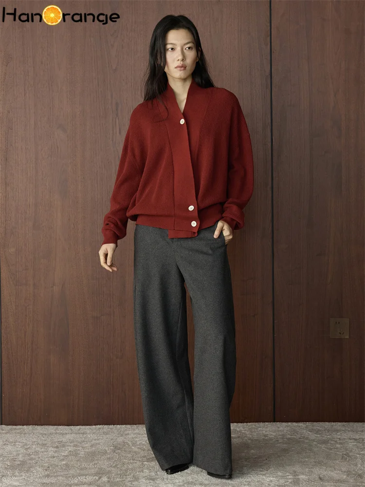 Hanorange 2025 inverno moda lã curvada faca em forma de calças femininas soltas alisamento flacidez cinza escuro