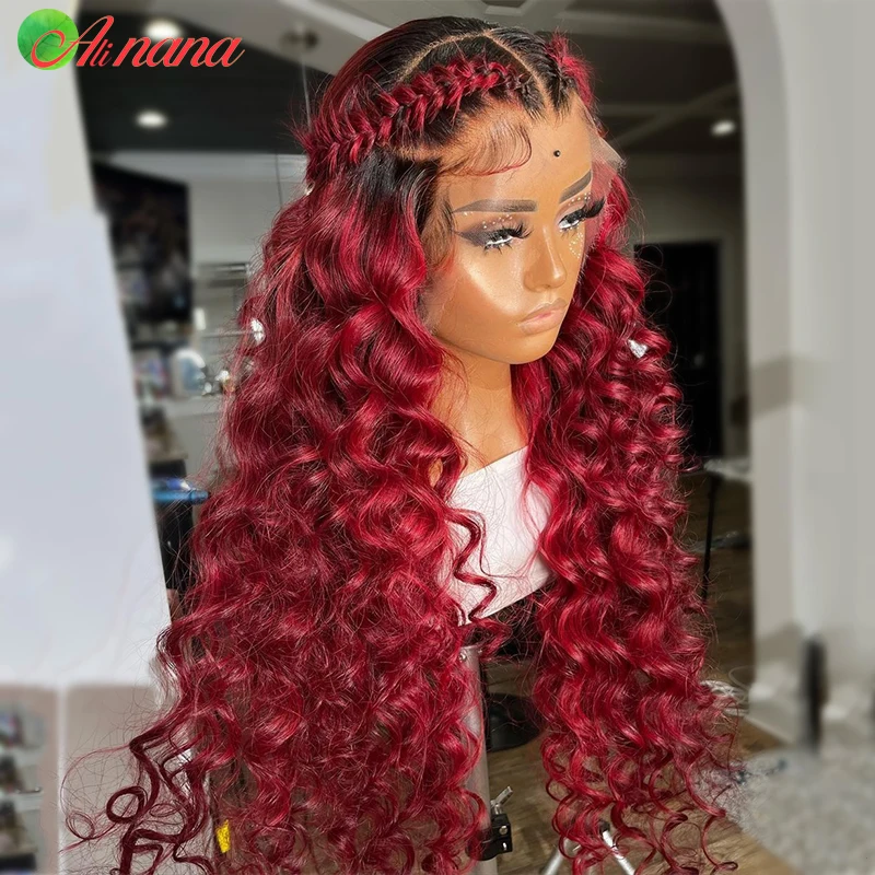 13x 4 parrucche frontali in pizzo per capelli umani parrucca con chiusura in pizzo 5x 5 riccia con onda d'acqua sciolta brasiliana di colore rosso ciliegia bordeaux per le donne