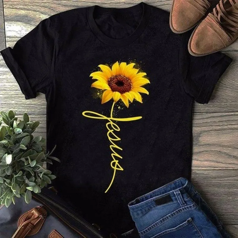 Girasole gesù lettera stampa T Shirt donna manica corta O collo allentato Tshirt estate donna Tee Shirt top Camisetas Mujer