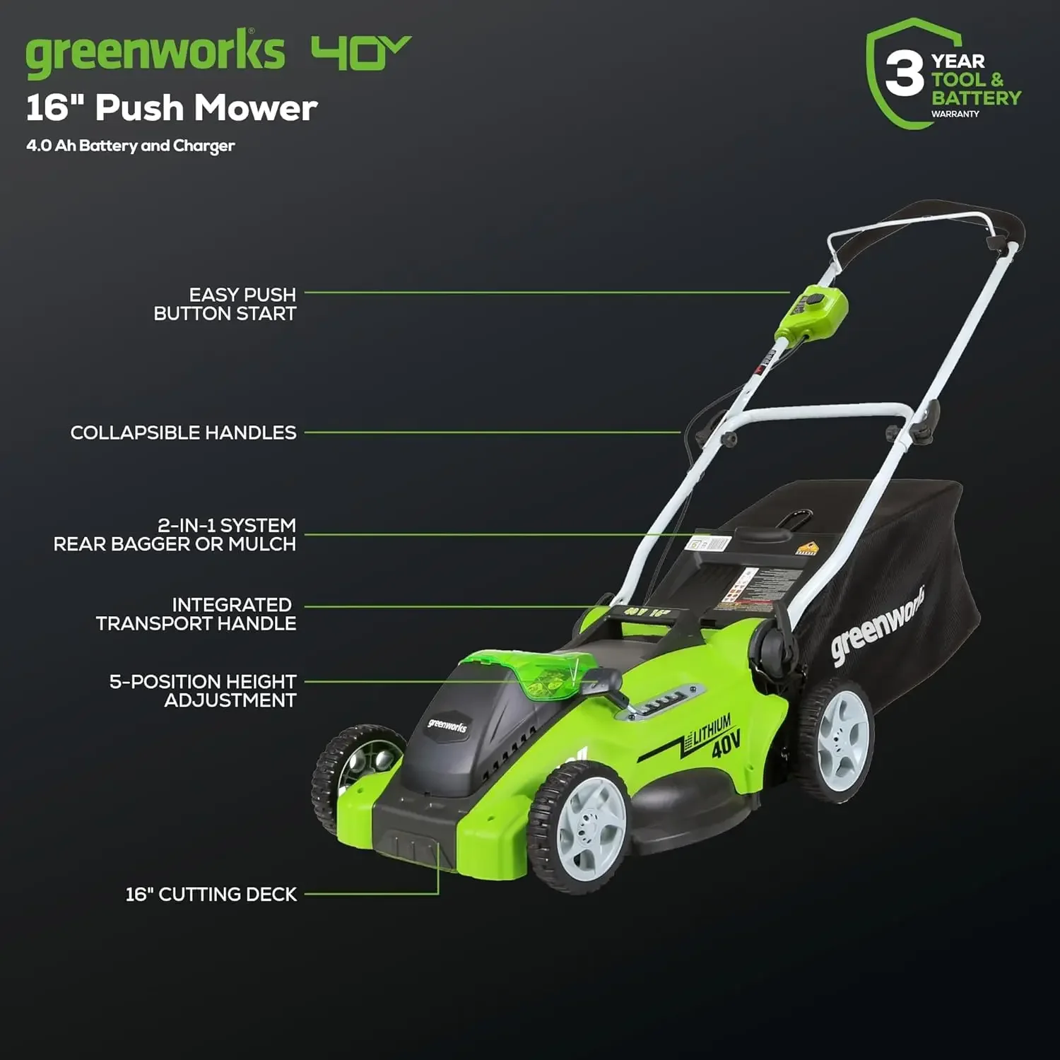 40V 16" Cordless (Push) Lawn Mower (75+ Compatible Tools), 4.0Ah Battery and Charger Included