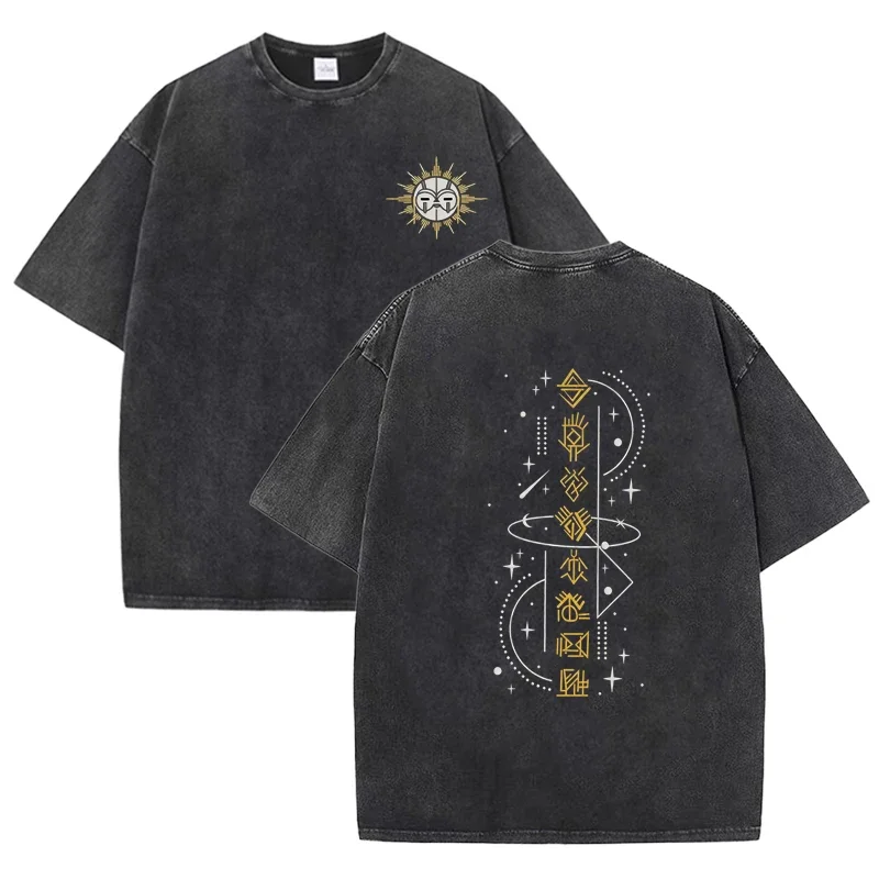 Mystische Runen & Sonnensymbol-Print Vintage Washed Black Occult T-Shirt