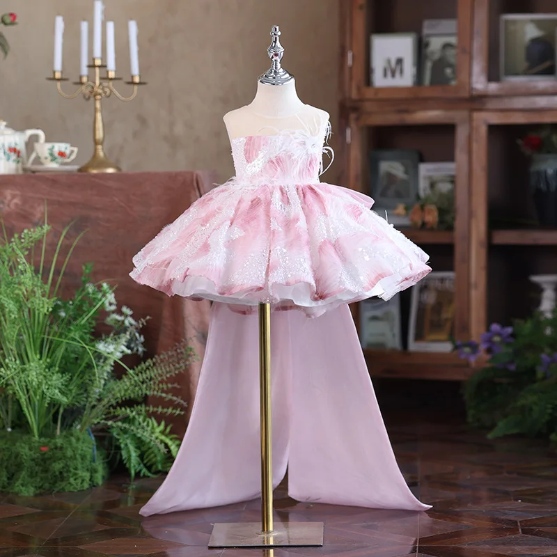 

Tail Baby Kids Princess Tulle Sequined Flower Girl Dress Children First Communion Dress Ball Gown Wedding Party Dress Birthday