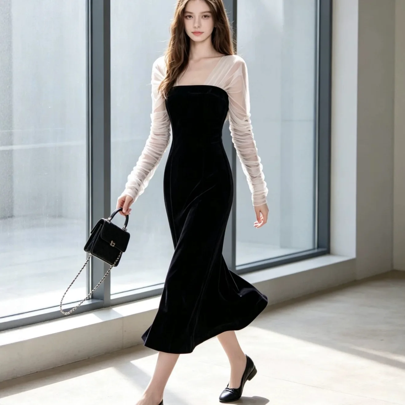 Long Sleeve Color Block Contrast Pleated Wrap around Skirt Dress Women's Christmas Waist Cinched Bodycon Dress Autumn Dress