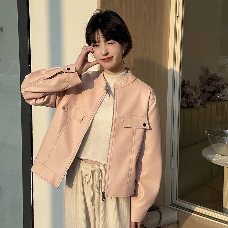 This Slim Touching Leather Top Is A New Autumn Fashion Women's. Short Coat That Is Both Casual Elegant. Solid Color Long Sleeve.