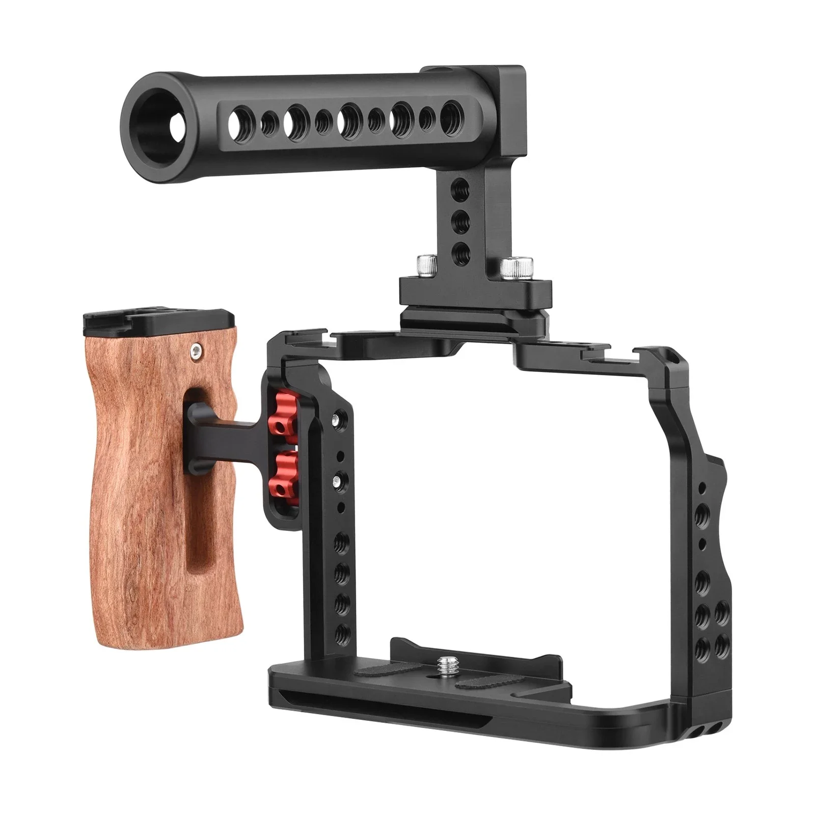 Camera Video Cage + Top Handle + Side Wooden Grip Kit Aluminum Alloy with Dual Cold Shoe Mounts for Sony A7IV/ A7III/ A7II/ A7R