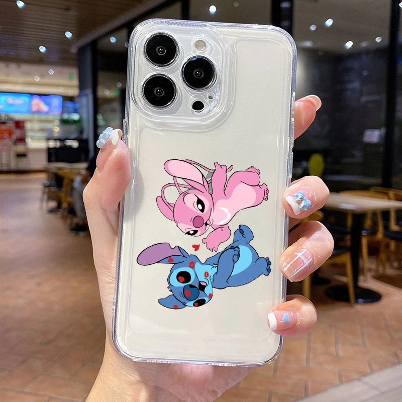 Couples Anime Stitch Transparent Mobile Phone Case for X XR 11 12 13 14 15 16 Plus Pro Max Kawaii All-inclusive Protective Cover