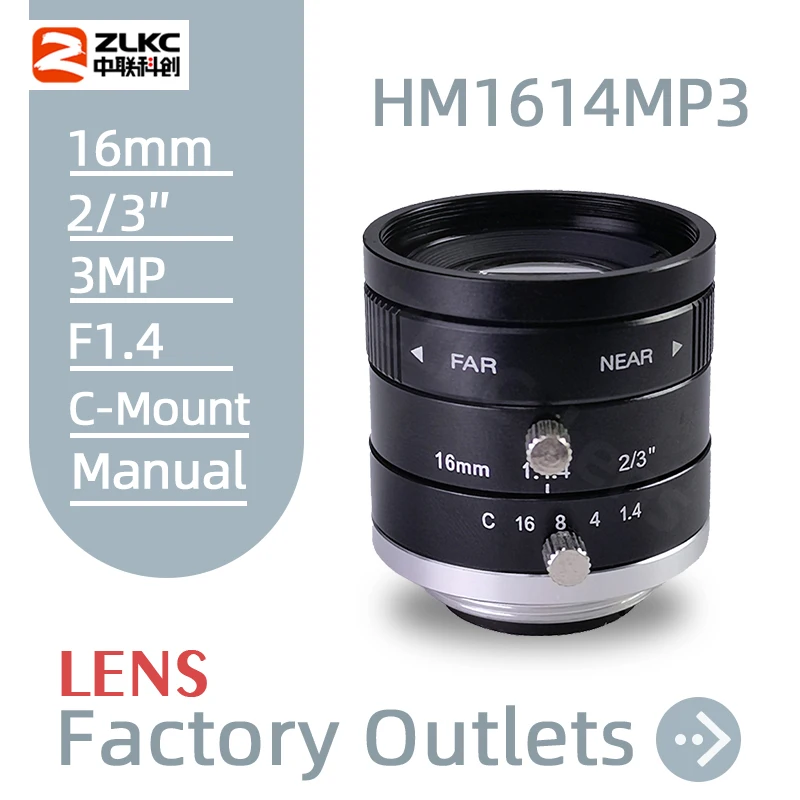 FA 16 mm Fixed Focal Length 3Megapixel C Mount 2/3 Inch Aperture F1.4 Manual Iris Machine Vision Camera For CCTV Lens 3MP Lenses