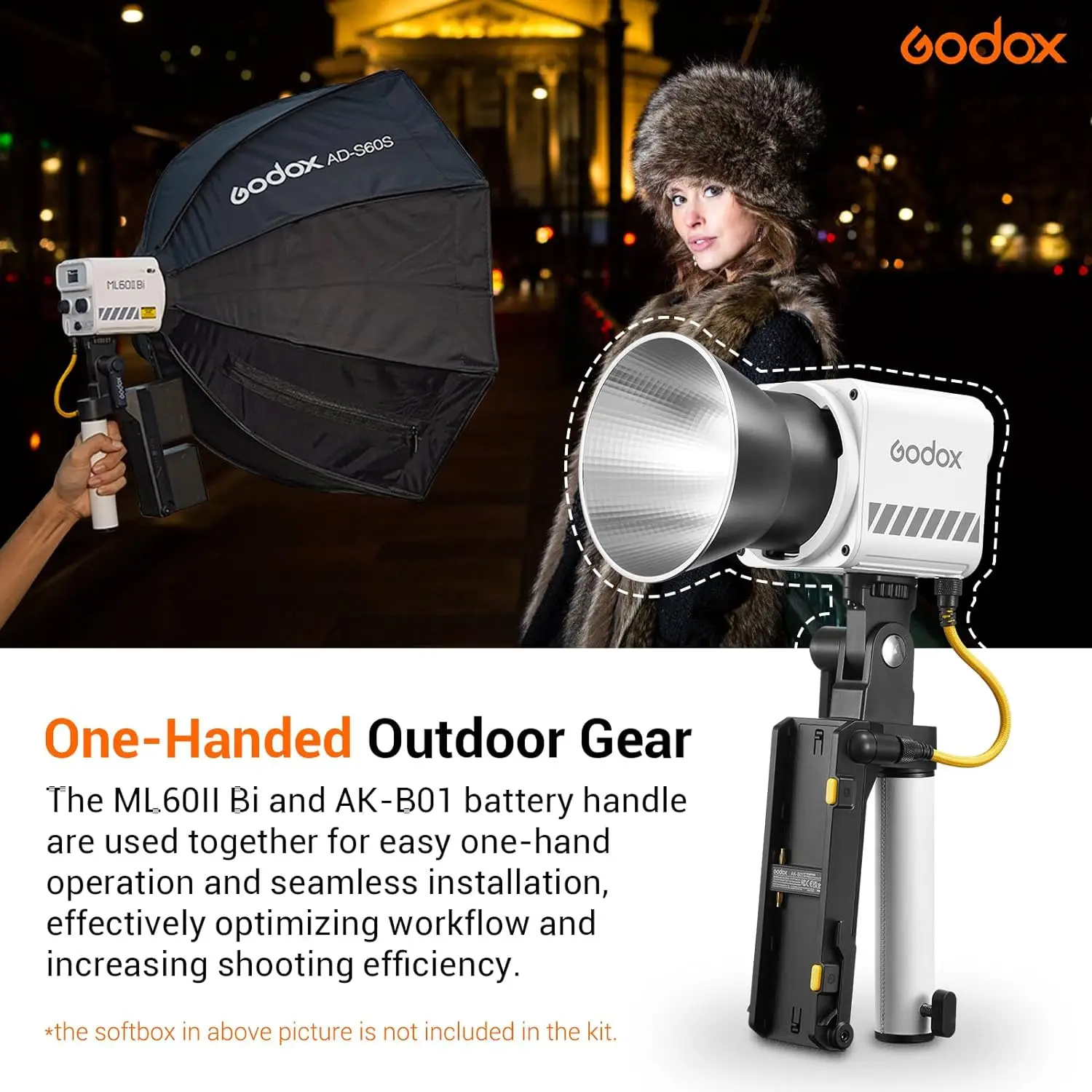 Godox ML60IIBi Bi-Color COB LED Video Light App Control Photography Lighting with Battery Accessory Kit AK-B01 Bracket Handle