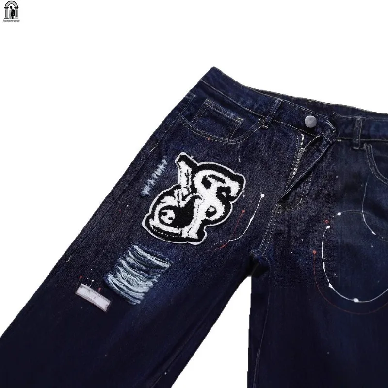 Dark Blue Splash Paint Color Matching Jeans Men Korean Fashion Casual All-match Hip Hop Straight Denim Pants Streetwear - Image 5
