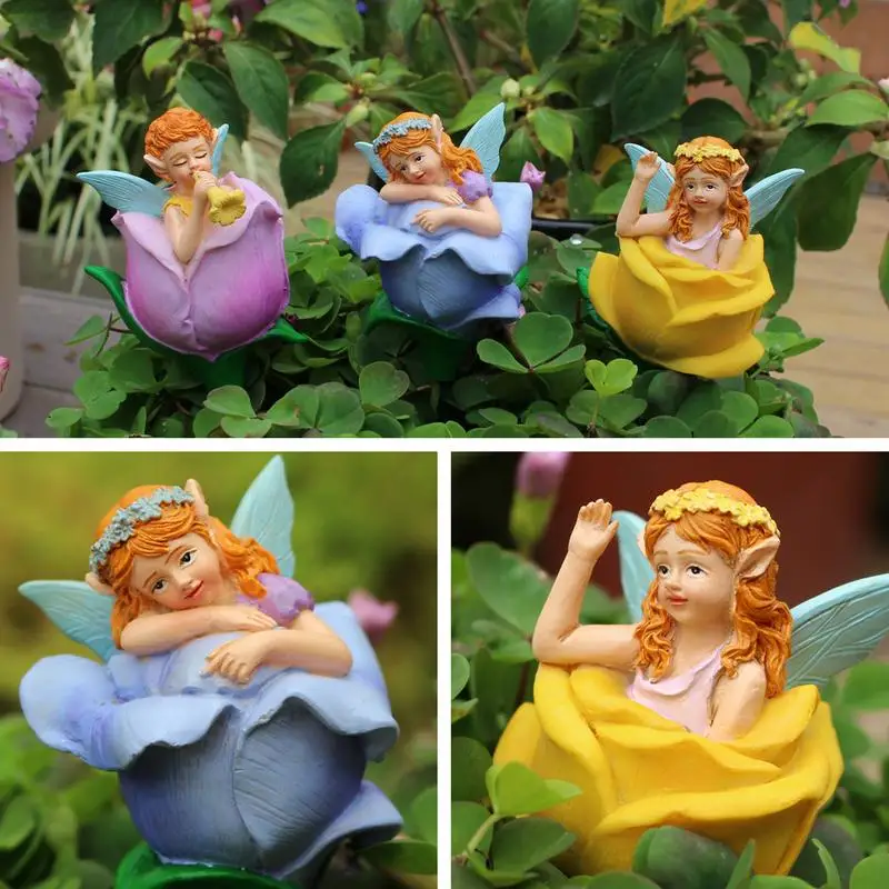 Outdoor Resin Miniature Fairies Figurine Waterproof Fairies Figurine Resin Ground Plug 3pcs Hand Painted Decorative Garden