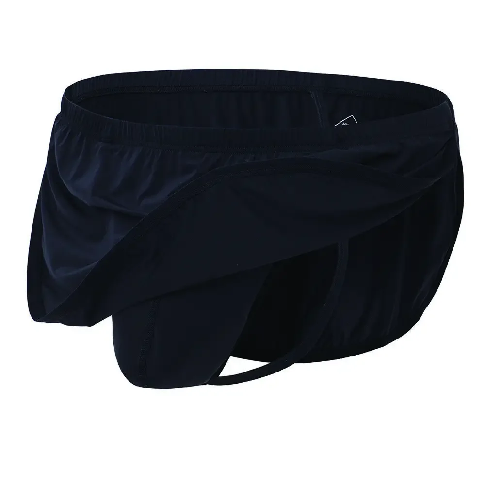 Jinshi Men's Boxers G-String Backed Pouch Thongs with Skirting Sexy Sleep Shorts Silky Pajama Underwear Split Side