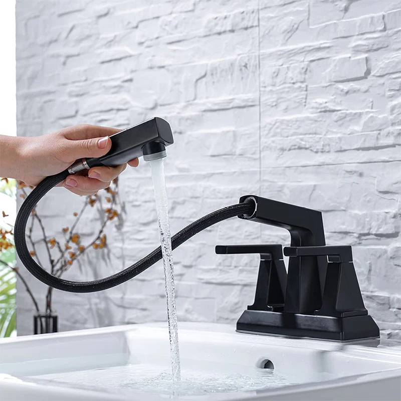 4 Inch Centerset Bathroom Sink Faucet with Pull Out Sprayer Matte Black 3 Hole 2 Handle Lavatory RV Vanity Bathroom Faucet