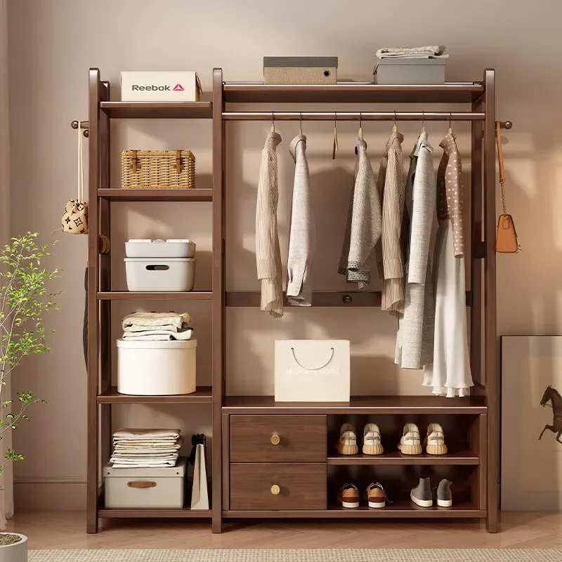 Solid Wood Floor to Ceiling Coat Rack with Storage Locker and Seat Bedroom Living Room Hanging Clothes Organizer Home