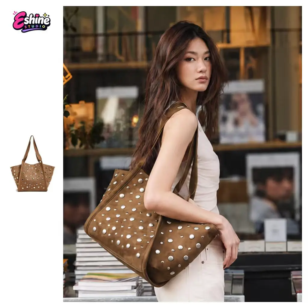 Rivet Tote Bag Women Faux Suede Shoulder Bag Vintage Large Rivet Decor Open Top Handbag Casual Daily Shopping Bag