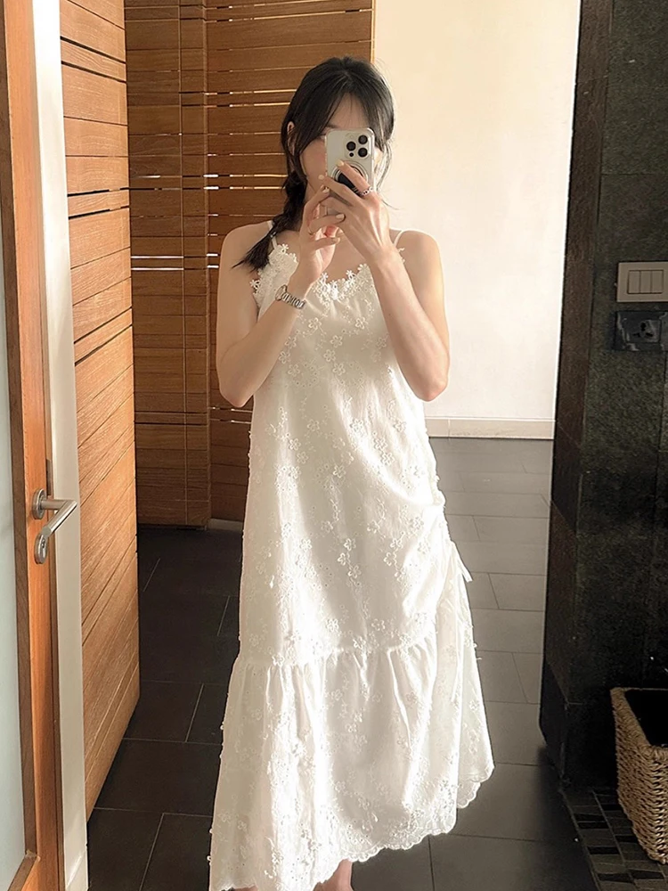 

Sweet Sle Embroidered Lace Strap Dr Women's Summer New Splicing Pleated Long Skirt Korean Version Loose Waist No Sve