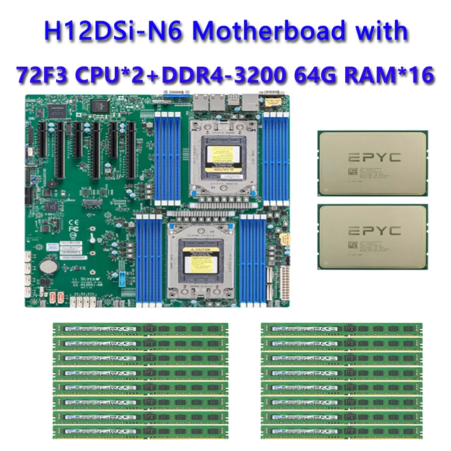 For Supermicro H12DSI-N6 Motherboard +2* EPYC 72F3 3.7Ghz 8C/16T 256MB 180W CPU Processor +16*64GB DDR4 3200mhz RAM Memory