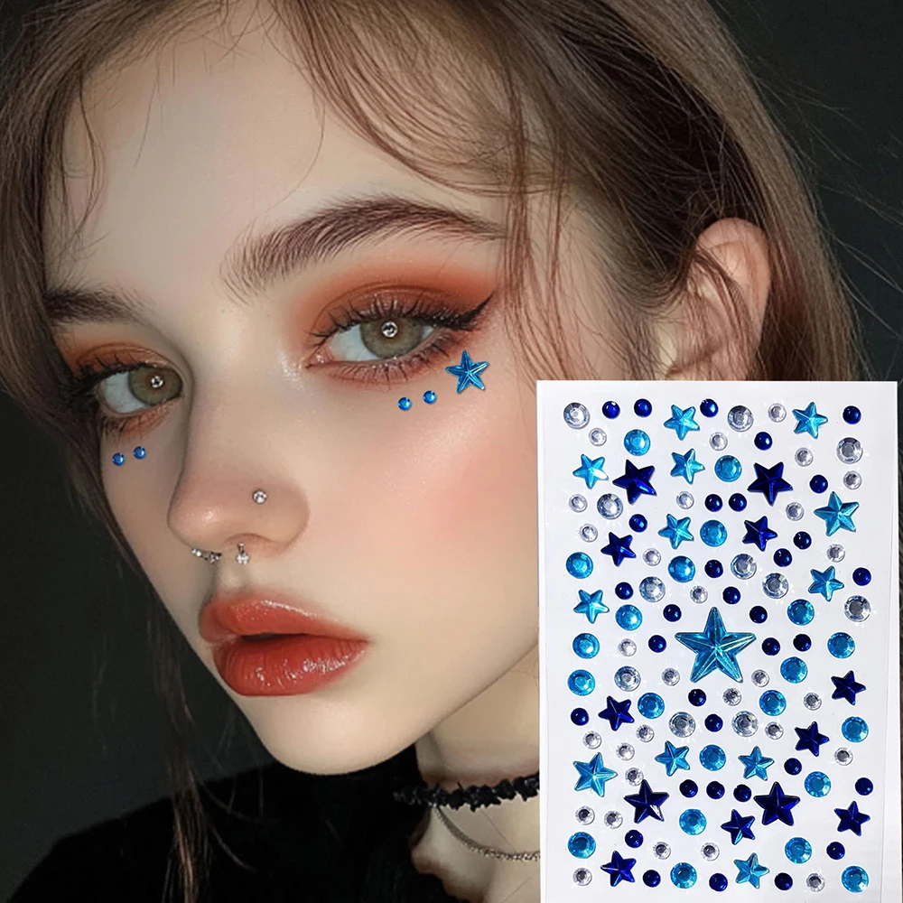1Pcs Blue Star & Round Rhinestone Face Gems Sticker 3D Bling Crystal Jewel Temporary Tattoo Festival Party Stage Eye Body Makeup