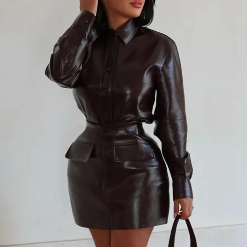 Suninheart Autunno Giacca in ecopelle Cappotto e gonna corta Set Giacca in PU moda e chic Capispalla casual da donna High Street