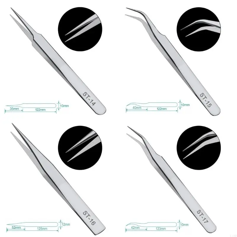 L4MB 1 세트 스테인리스 스틸 롱 포셉 직선 머리 팔꿈치 핀셋 ST-10, ST11, ST-12, ST-14, ST-15, ST-16, ST17