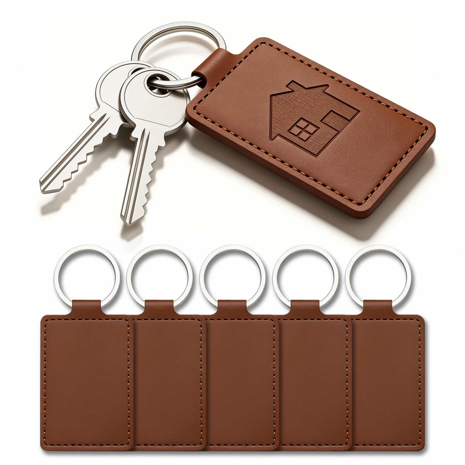 5Pcs Personalizable PU Leather Keychain Blanks for Laser Engraver, Durable Brown DIY Key Ring Tags