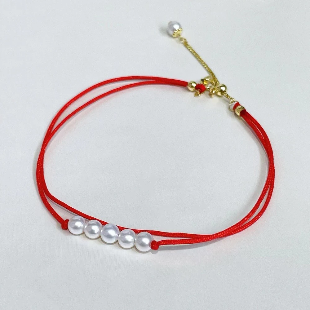 

Delicate Red Rope Pearl Bracelet with 18K Thick Gold Foxtail Chain Drawstring Clasp 3-4mm Aurora Real Freshwater Akoya Pearls