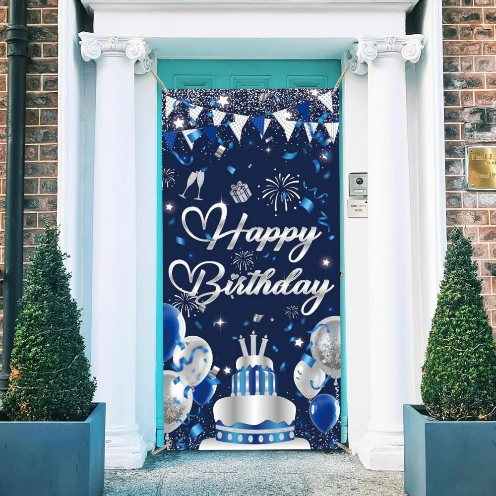 1 Pc Happy Birthday Polyester Door Cover Blue Birthday Backdrop Banner Door Porch Sign Photography