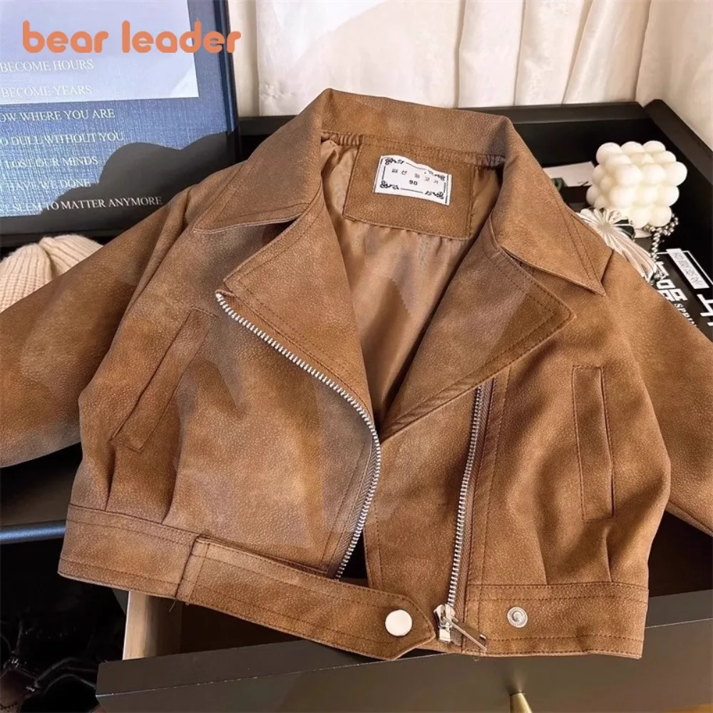 

Детская кожаная куртка Bear Leader Maillard, весенне-осенняя модная одежда в стиле ретро для девочек, пальто кофейного цвета с длинными рукавами