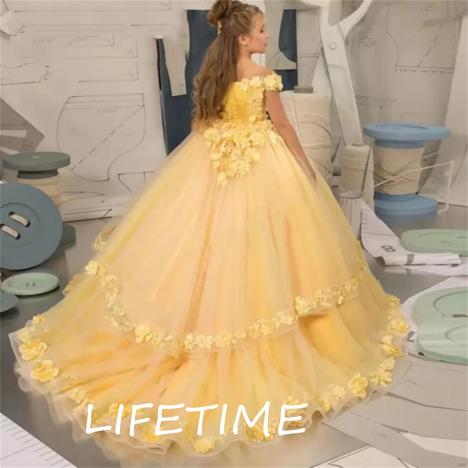 

First Communion Kids Evening Ball Applique Bow Girls Pageant Dress Satin Tulle Flower Girl Dress