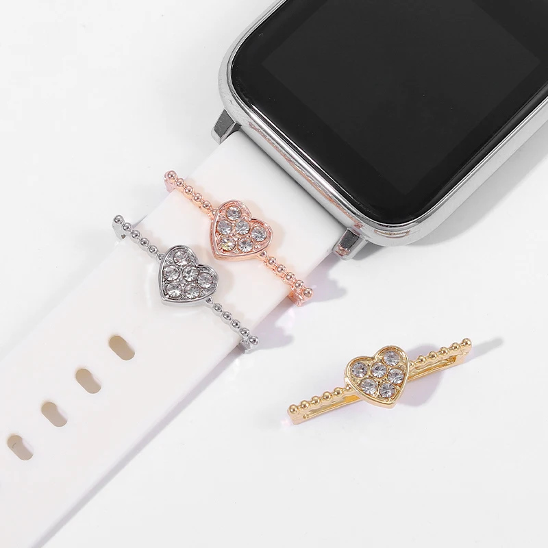 Heart Decoration Charms for Iwatch Silicone Strap Ring Charms Jewelry for Smart Watchband Shiny Pendent Accessories Nails Charm