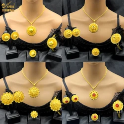 New Ethiopian Flower Shape Gold Plated Jewelry Sets For Women Dubai Nigerian Luxury Necklace Jewellery Set Wedding Party Gifts