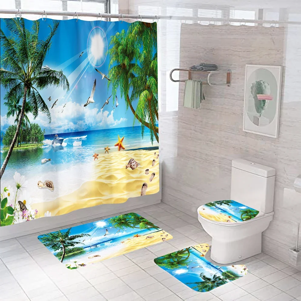 3D Seascape Beach Theme Shower Curtain Sets Toilet Cover Bath Mat Carpet Rugs Bathroom Drapes   Set with Hooks