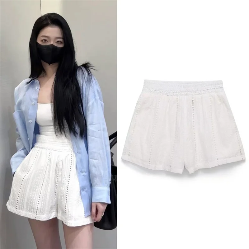 

Women's Shorts New Summer 2025 White Cutout Embroidered Casual Shorts Casual and Versatile Showing Long Legs Personality