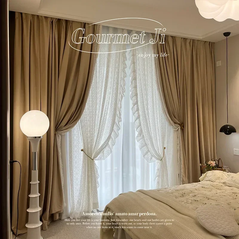 

French Plush Lace Brown Luxury Velvet Curtains for Living Room Bedroom Dining Blackout White Tulle Thicken Elegant Window Custom