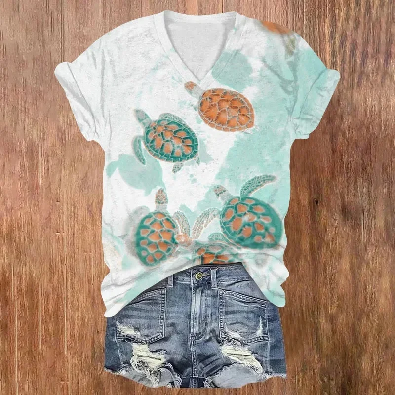 Contrast Watercolor Turtle Print V-neck T-shirt Causal T-shirt Summer Women's T Shirts