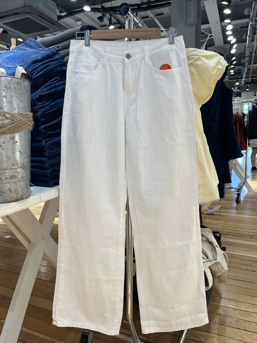 White Simple Basic Jeans Women Summer Back Pockets Cotton Straight Denim Long Pants Female Casual Vintage All-match Trousers