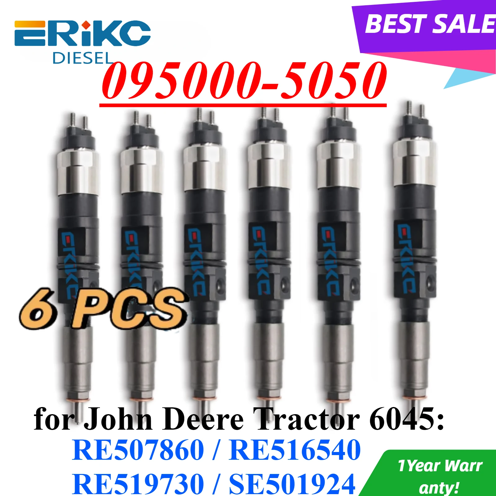 6PC 095000-5050 Common Rail Diesel Injector RE507860 RE516540 Engine Spray Nozzle for John Deere Tractor 6045 RE519730 SE501924