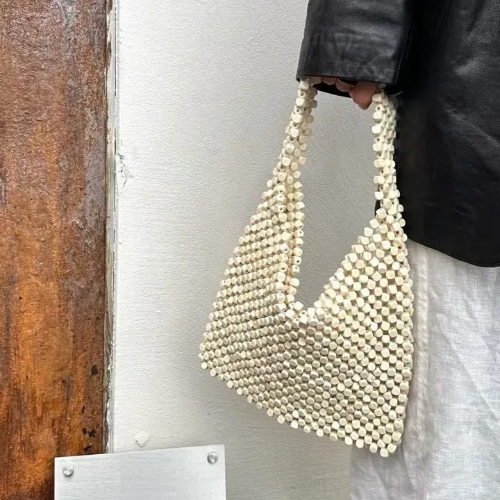 Vintage wooden beaded tote bag 2026 new large capacity woven shoulder bag summer beach tote bag