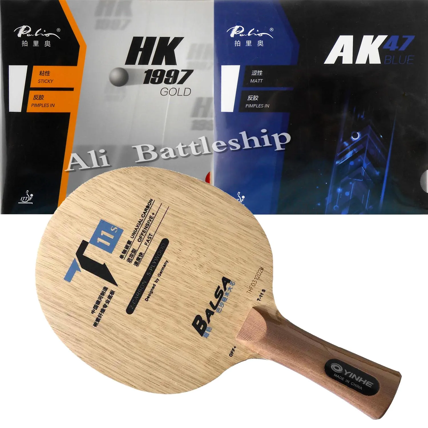 

Pro Table Tennis Combo Racket Yinhe T11S Blade with Palio HK1997 GOLD and AK47 BLUE Matt Rubbers