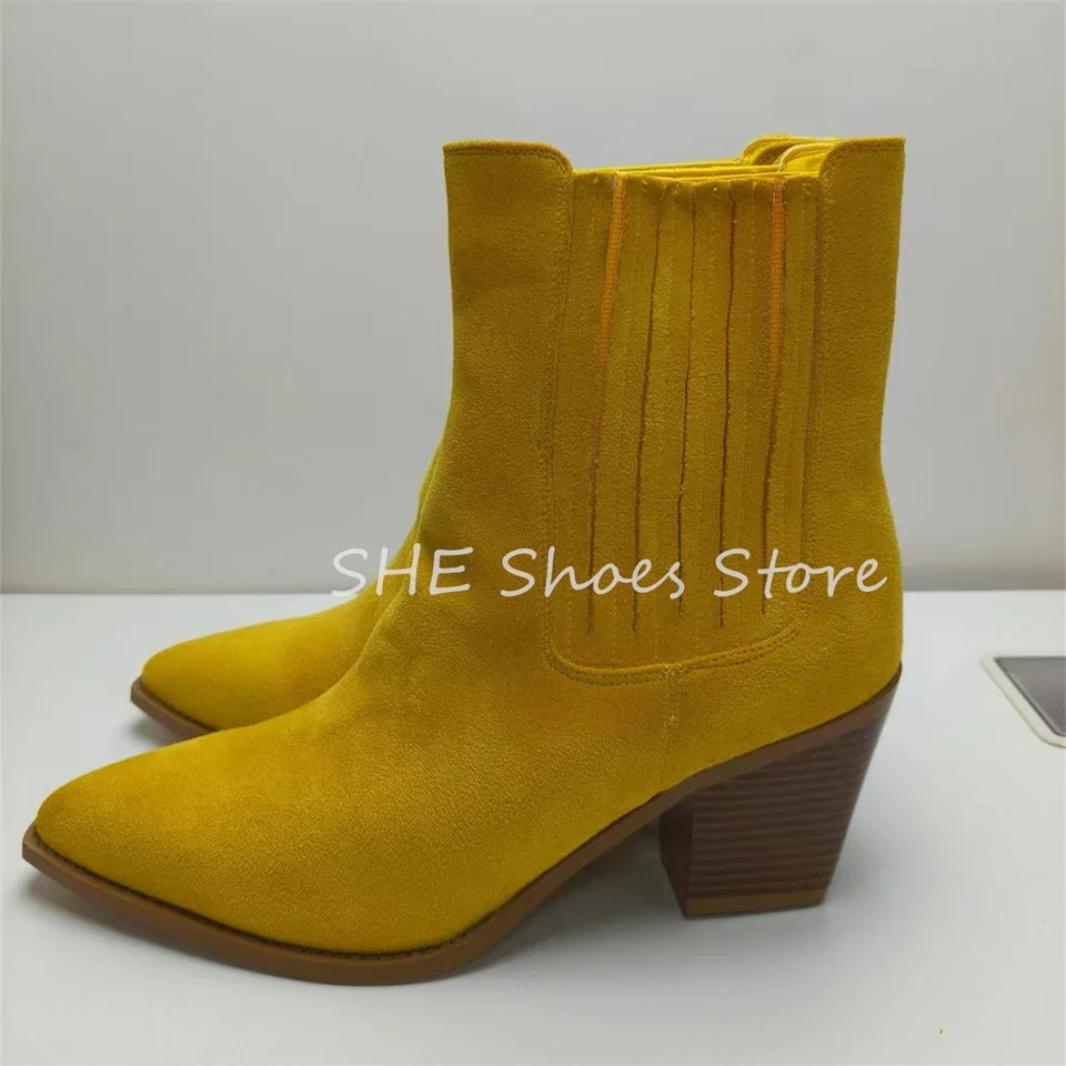

French Nubuck Leather Boots Women Western Cowboys Boots Pointed Toe Chunky Heel Chelsea Boots Ladies Dress Mid-Calf Boots